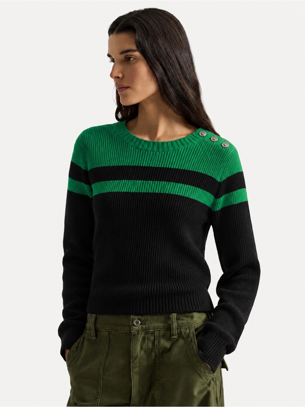 Ralph Lauren Black and Green Striped Crewneck Sweater